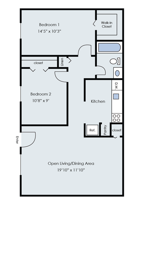 A floor plan of a small apartment with two bedrooms, a kitchen, and an open living/dining area.